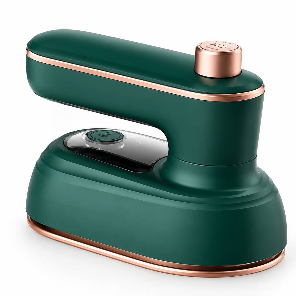 A handheld electric garment steamer in dark green with rose gold metallic accents, shown on a clean white background.